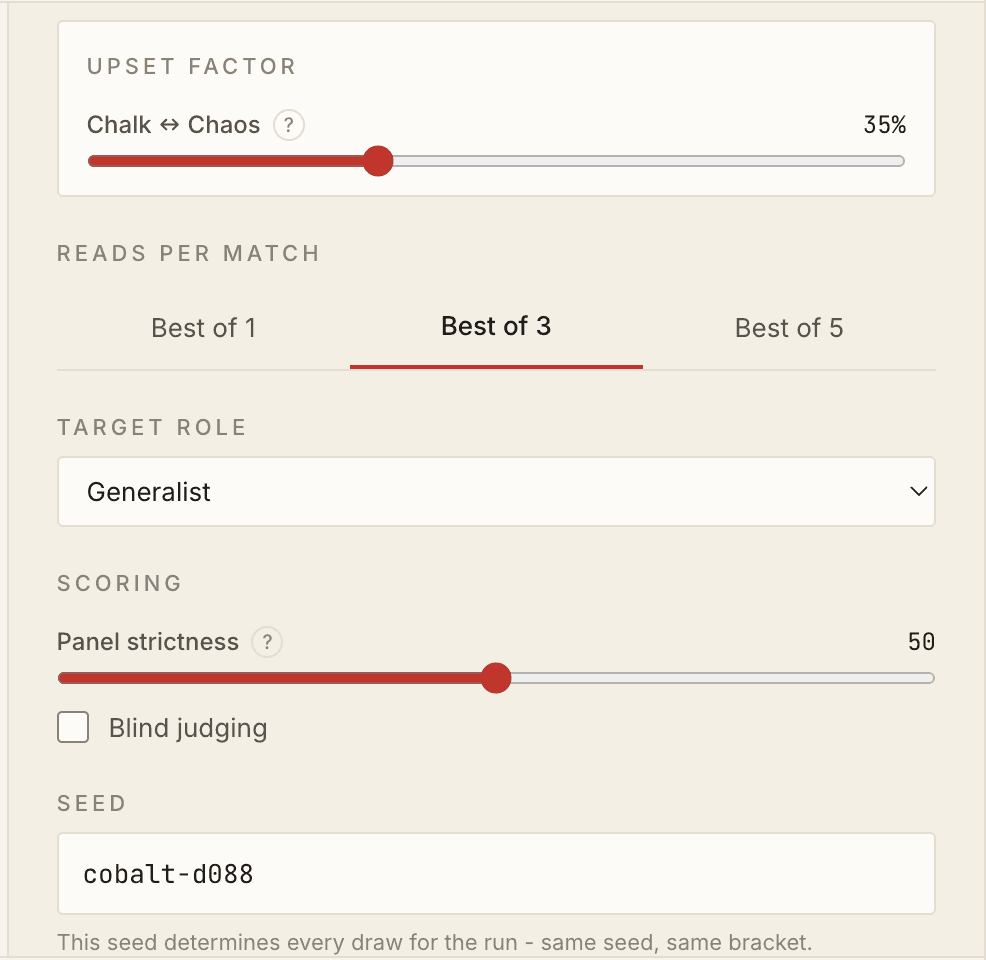 A/B config: upset factor 35%, best of 3, target role Generalist, panel strictness 50, seed.