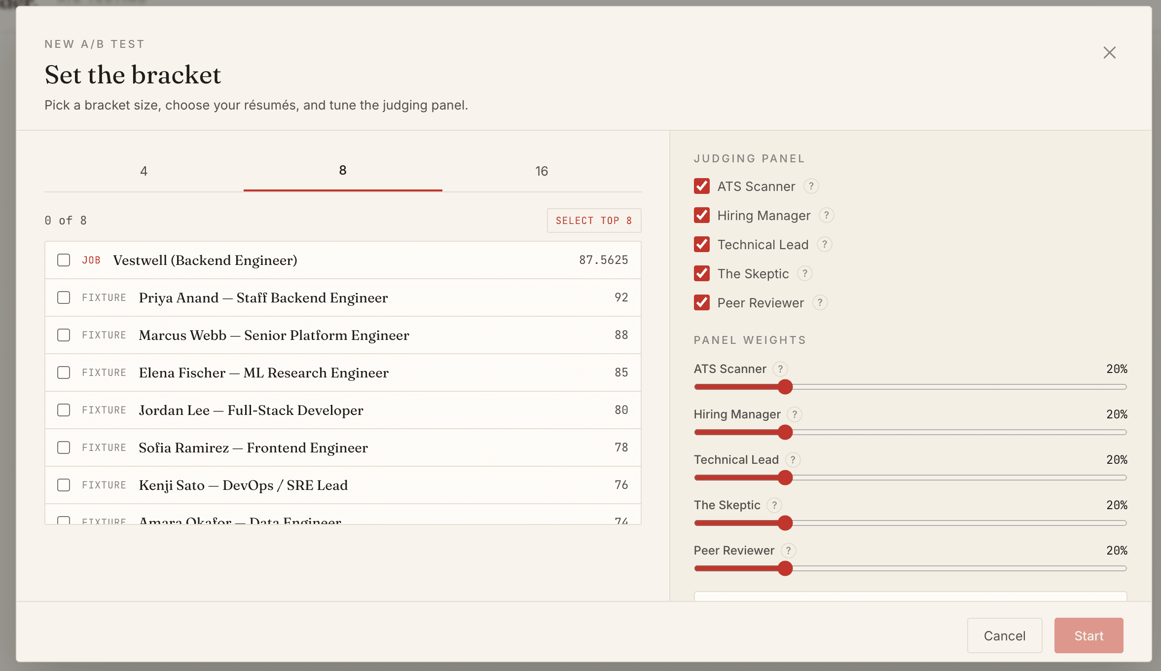 A/B test setup: bracket size, roster picker with scores, judging panel, and panel weights.