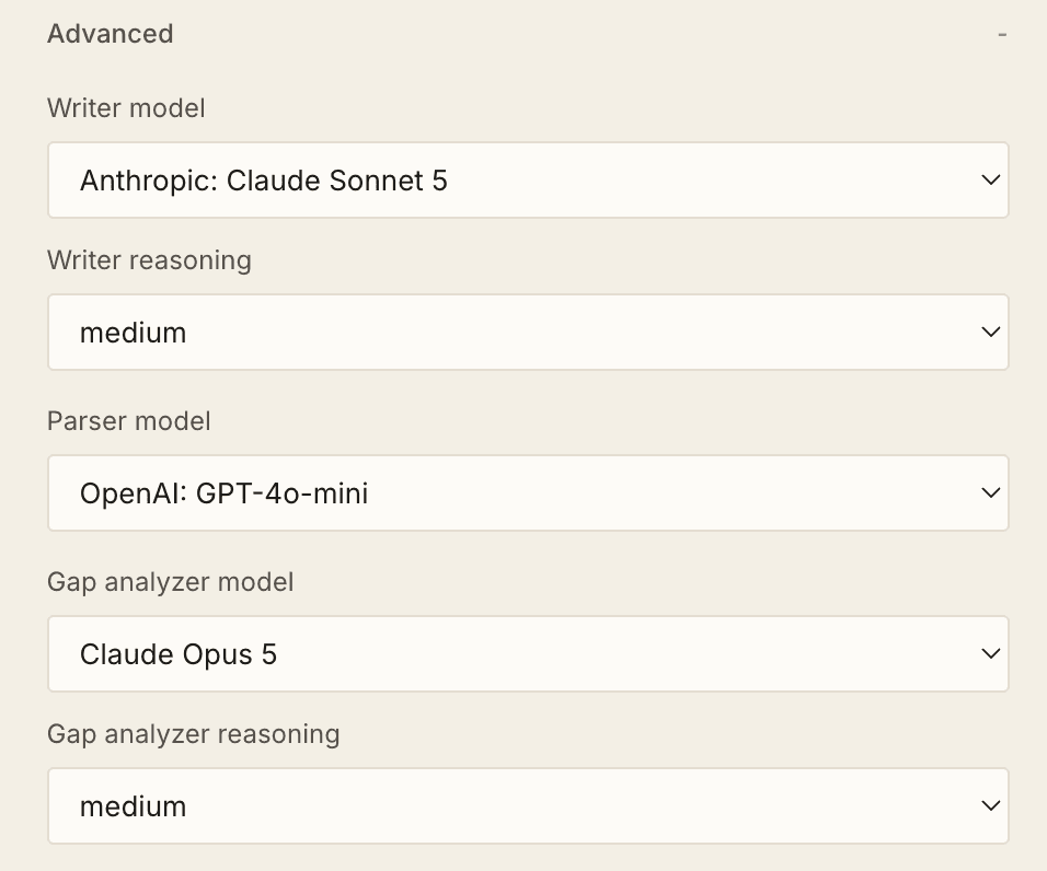 Advanced model selectors for writer, parser, and gap analyzer.