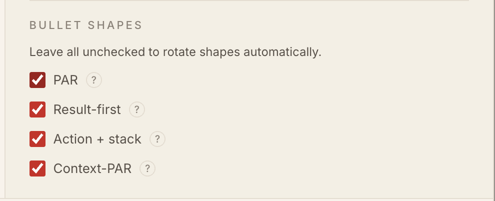 Bullet shape checkboxes: PAR, Result-first, Action + stack, Context-PAR.