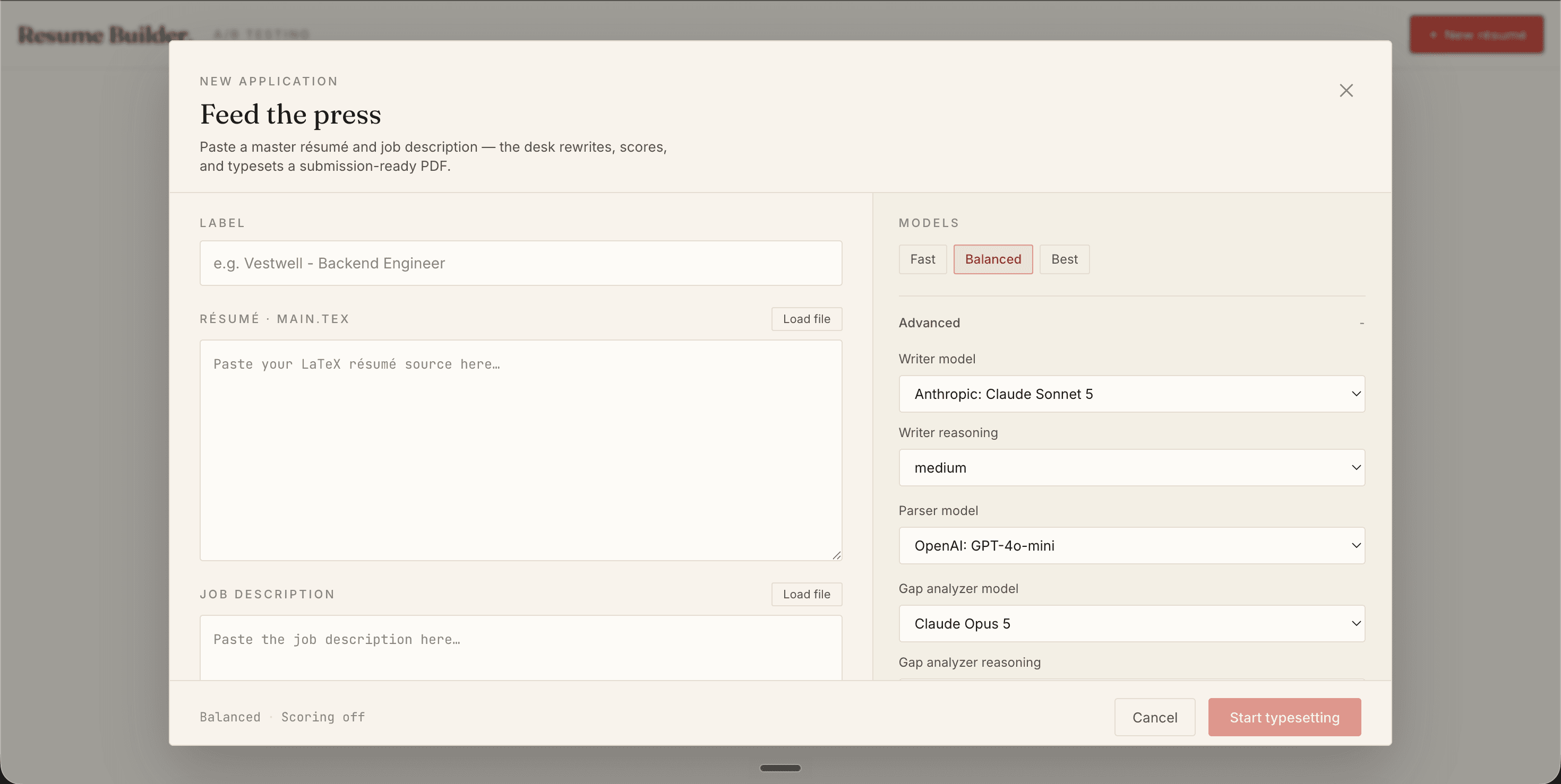 The new application modal: label, resume LaTeX, and job description inputs, with a models panel.