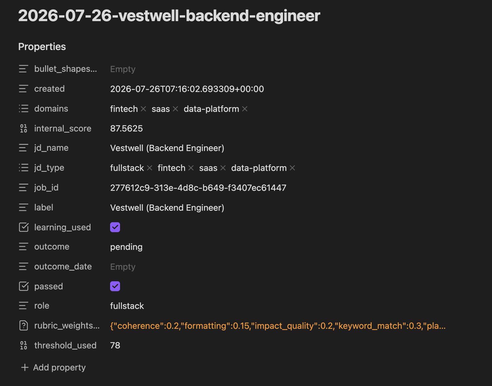 Obsidian vault run note frontmatter with tags, scores, and settings.